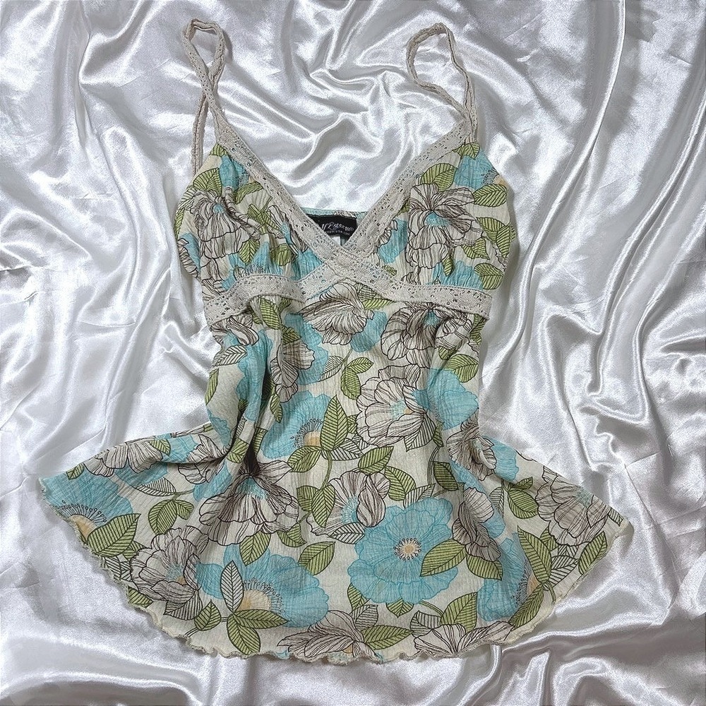 y2k Cami Top Blue Excellent Floral Crochet Trim Gauze Lettuce Hem 4678406X